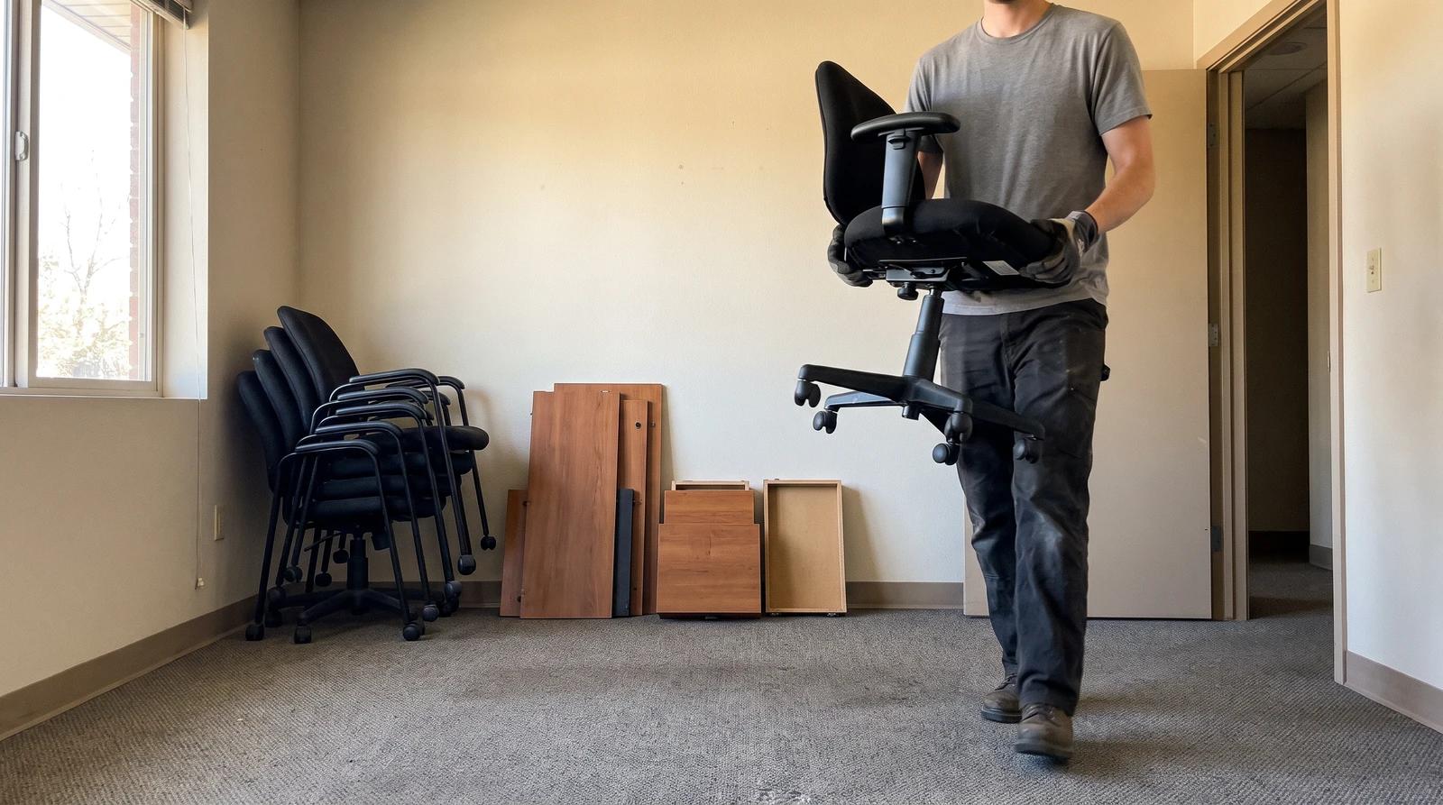 Worker carrying a rolling office chair out of an emptied office during an office furniture removal in Boise, Idaho