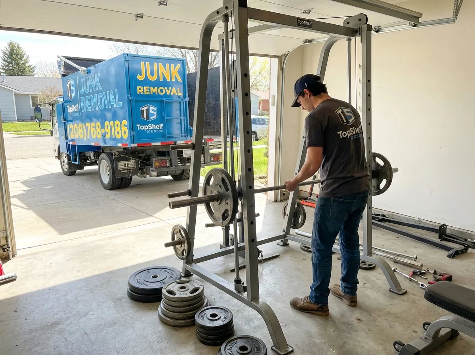 Top Shelf crew member loading home gym equipment into the junk removal truck in Nampa Idaho