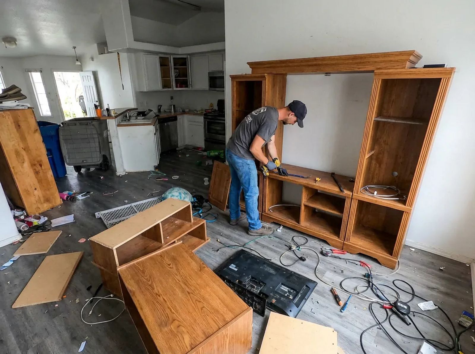 Top Shelf crew member disassembling an entertainment center during an interior cleanout in Meridian Idaho