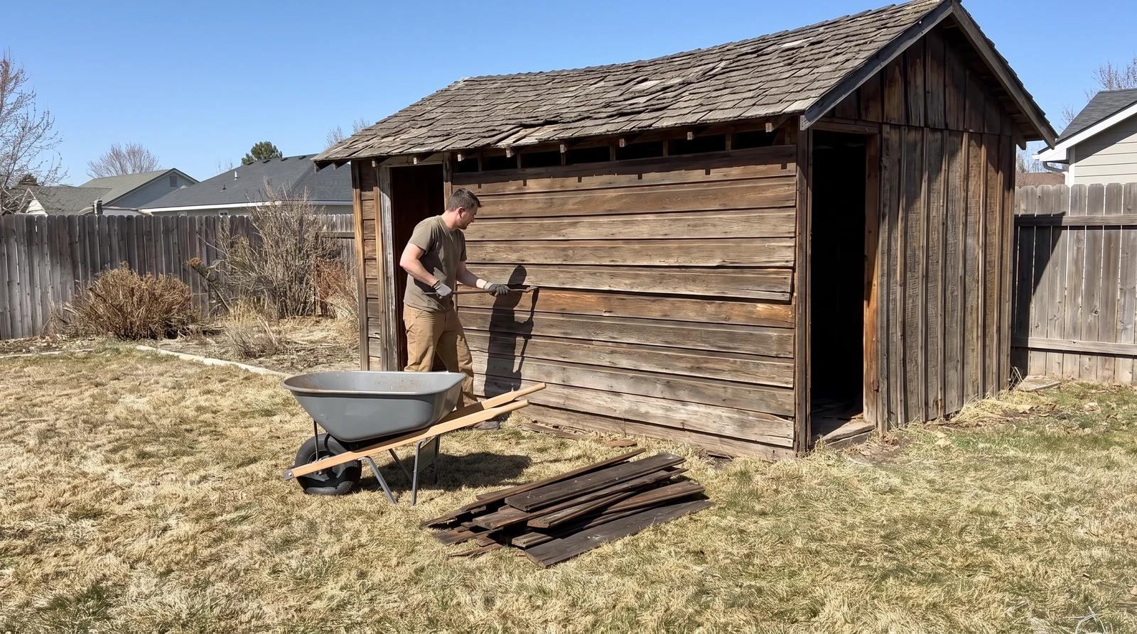 Worker prying siding off an old wooden backyard shed during an outbuilding removal in Garden City, Idaho