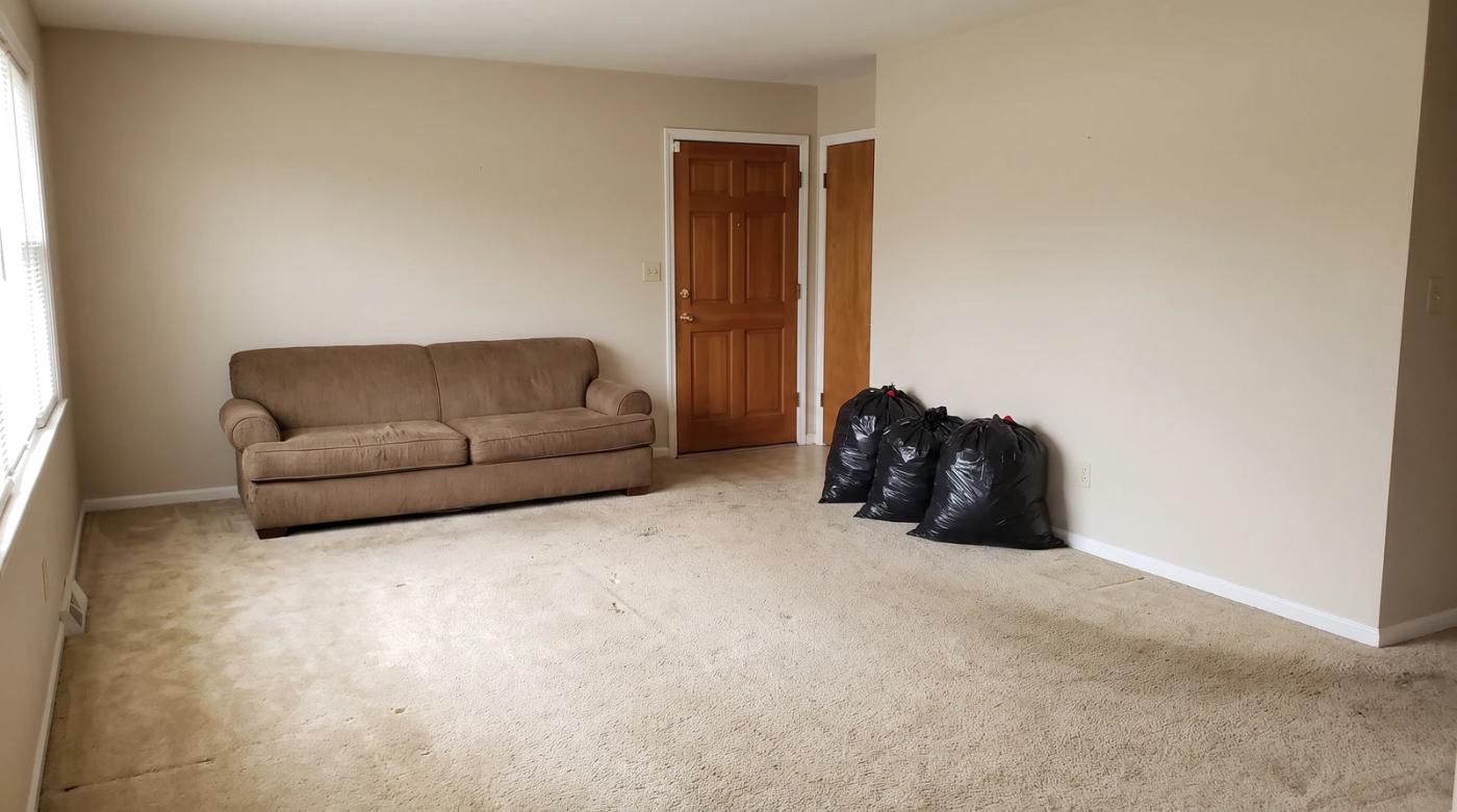 Worn couch and trash bags left in an empty rental living room in Meridian, Idaho, ready for a turnover cleanout