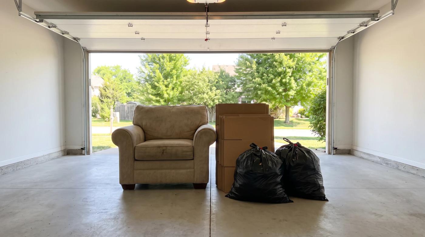 Extra boxes, an old armchair and trash bags set aside in a garage in Eagle, Idaho, ready to add to a junk removal pickup