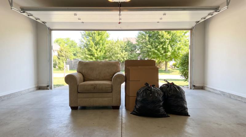 Extra boxes, an old armchair and trash bags set aside in a garage in Eagle, Idaho, ready to add to a junk removal pickup