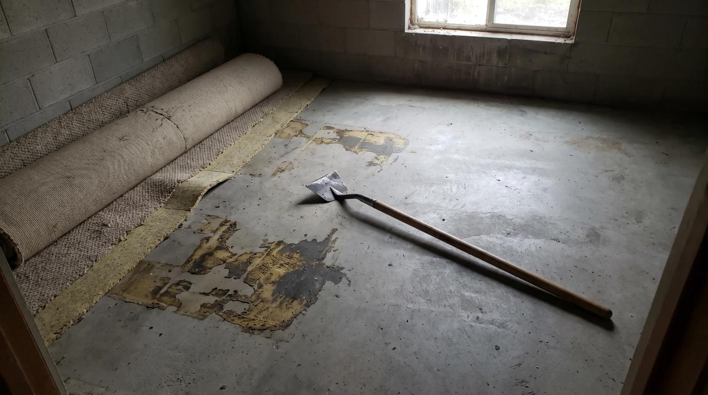Old beige carpet rolled back on a bare concrete basement slab during carpet removal in Boise, Idaho, with a floor scraper lying on the dried adhesive