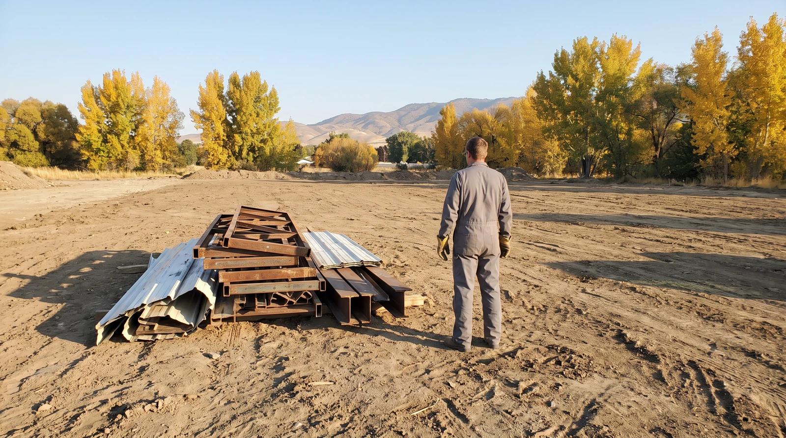 Worker on a cleared and graded mobile home lot in Nampa, Idaho on a fall morning, next to a stack of salvaged scrap metal