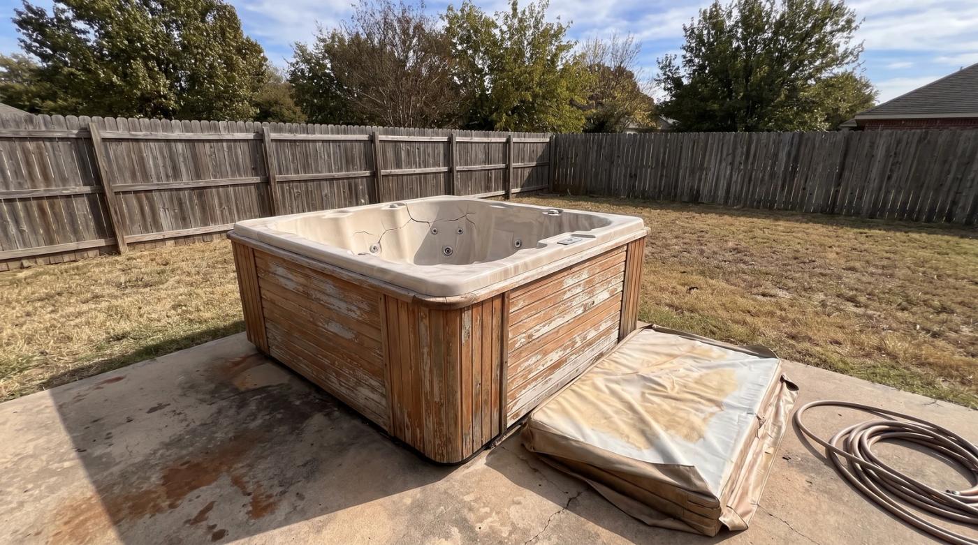 Old empty hot tub with a faded folded cover on a backyard patio in Star, Idaho, waiting to be sold or removed