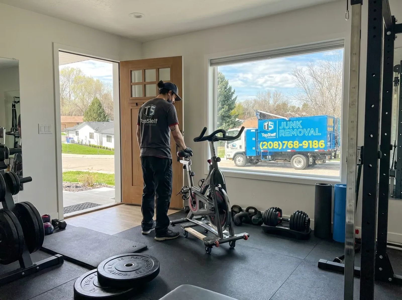 Top Shelf crew removing an exercise bike from a residential property in Middleton Idaho