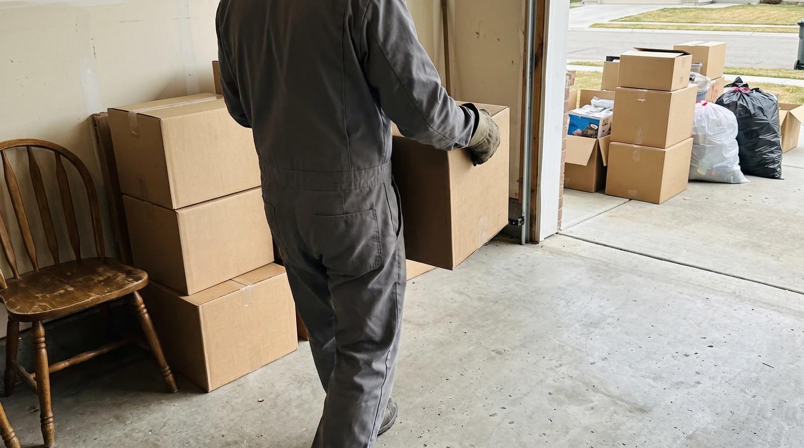 Worker carrying a box out of a cluttered garage during a one-room hoarding cleanup in Meridian, Idaho
