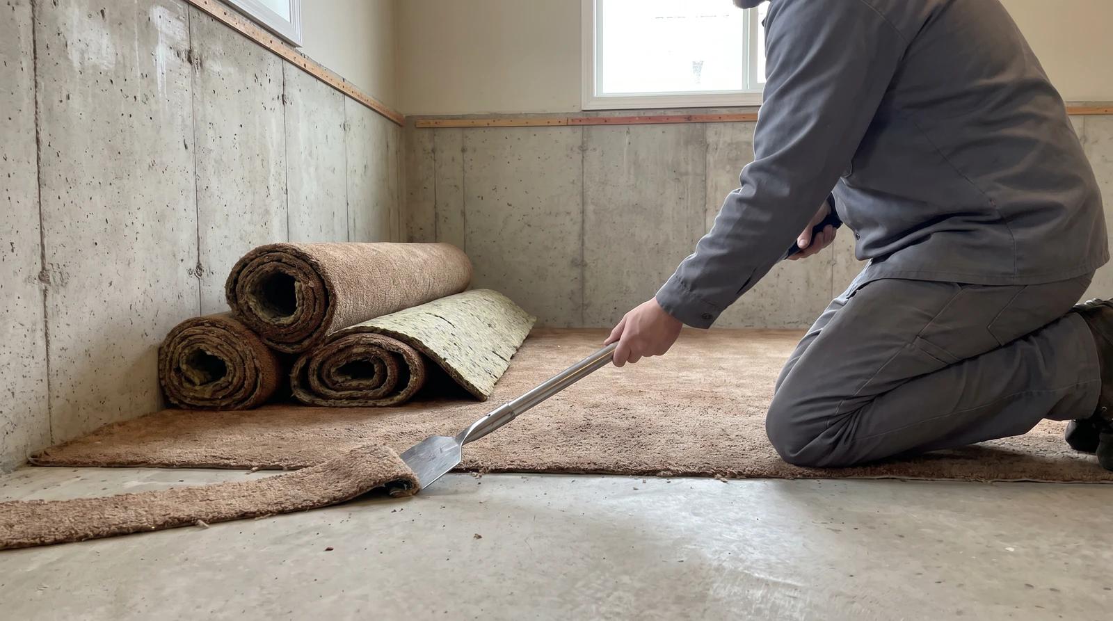 Worker scraping glued-down carpet off a concrete basement floor during carpet removal in Boise, Idaho