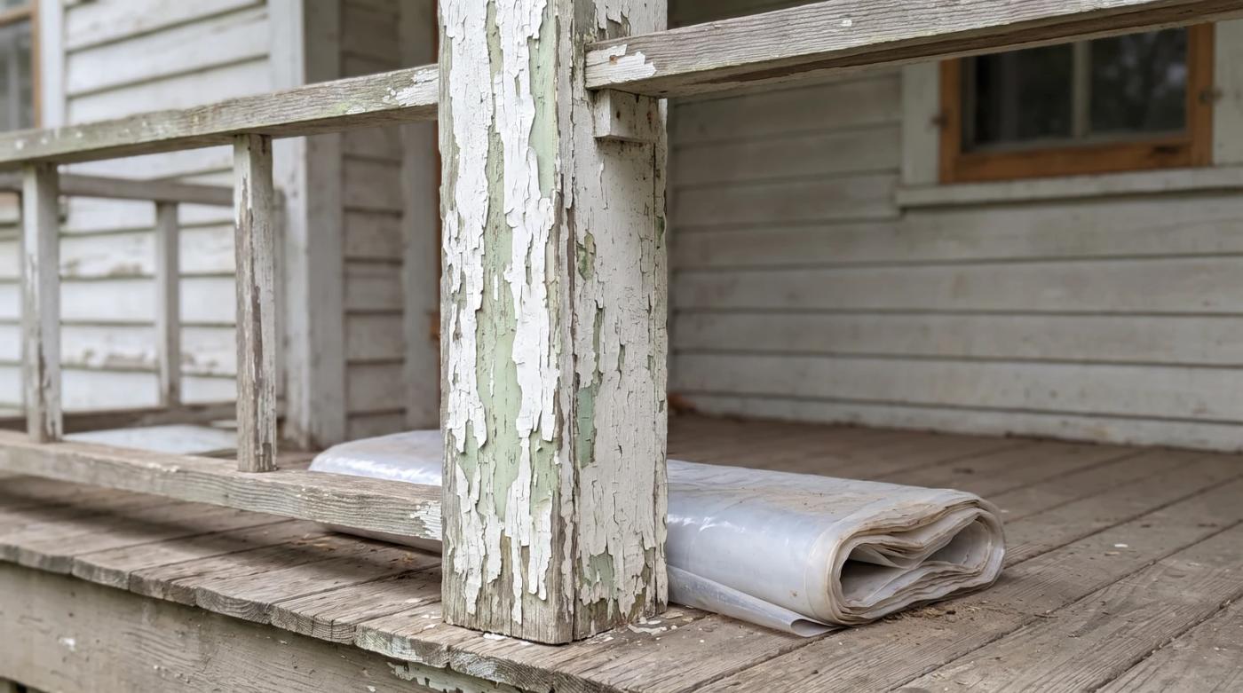 Peeling layered paint on an old porch post before demolition at an older home in Boise, Idaho