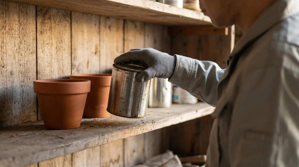 A worker in plain gloves lifting an old unlabeled paint can from a wooden garage shelf during an estate cleanout in Meridian, Idaho.