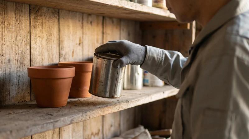 A worker in plain gloves lifting an old unlabeled paint can from a wooden garage shelf during an estate cleanout in Meridian, Idaho.