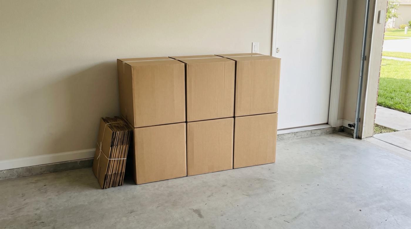Sealed cardboard boxes stacked on a garage floor, ready for a household junk removal pickup in Boise, Idaho