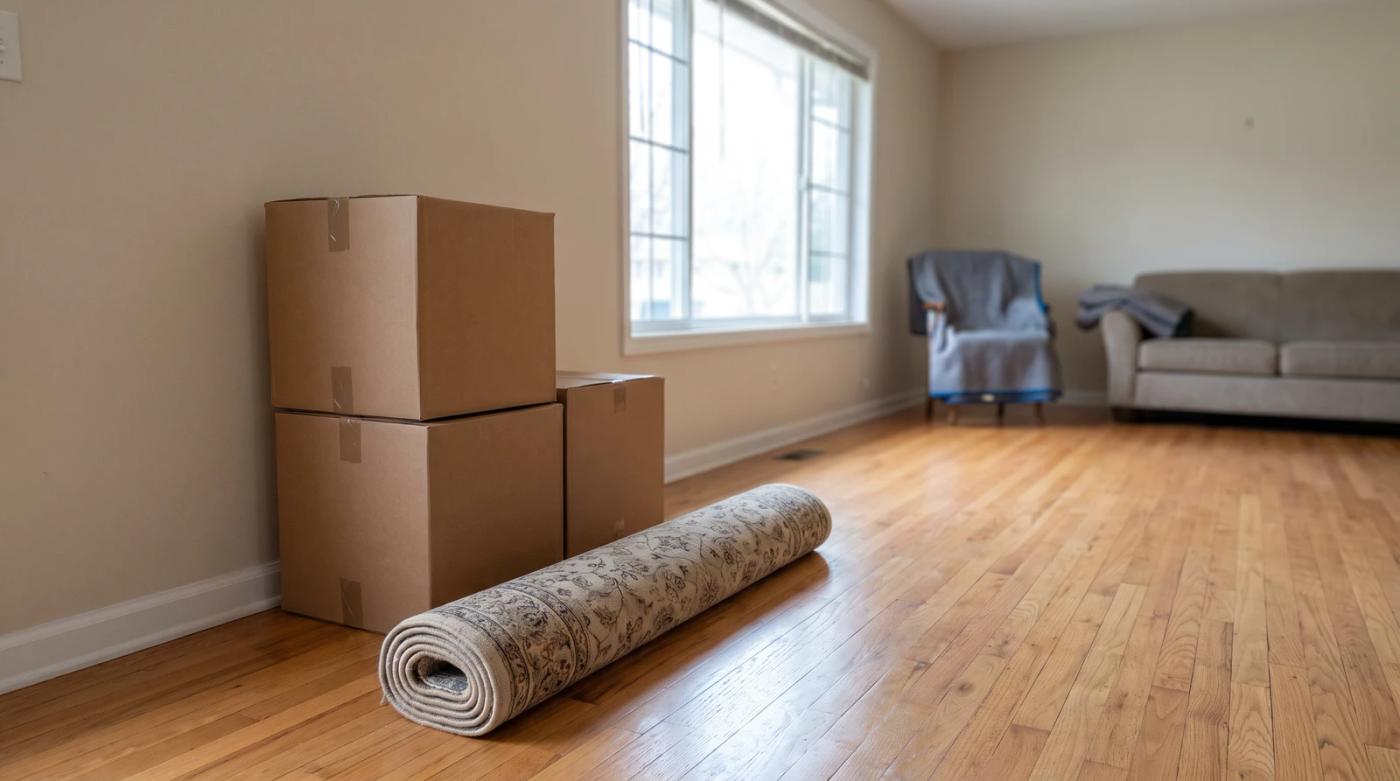Half-cleared living room during a home cleanout in Eagle, Idaho, with stacked moving boxes and a rolled-up rug on the hardwood floor