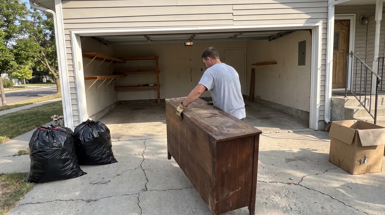 Worker carrying a leftover dresser out of a garage during a post-closing property cleanout in Emmett, Idaho