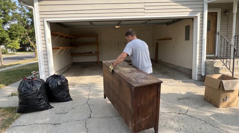 Worker carrying a leftover dresser out of a garage during a post-closing property cleanout in Emmett, Idaho