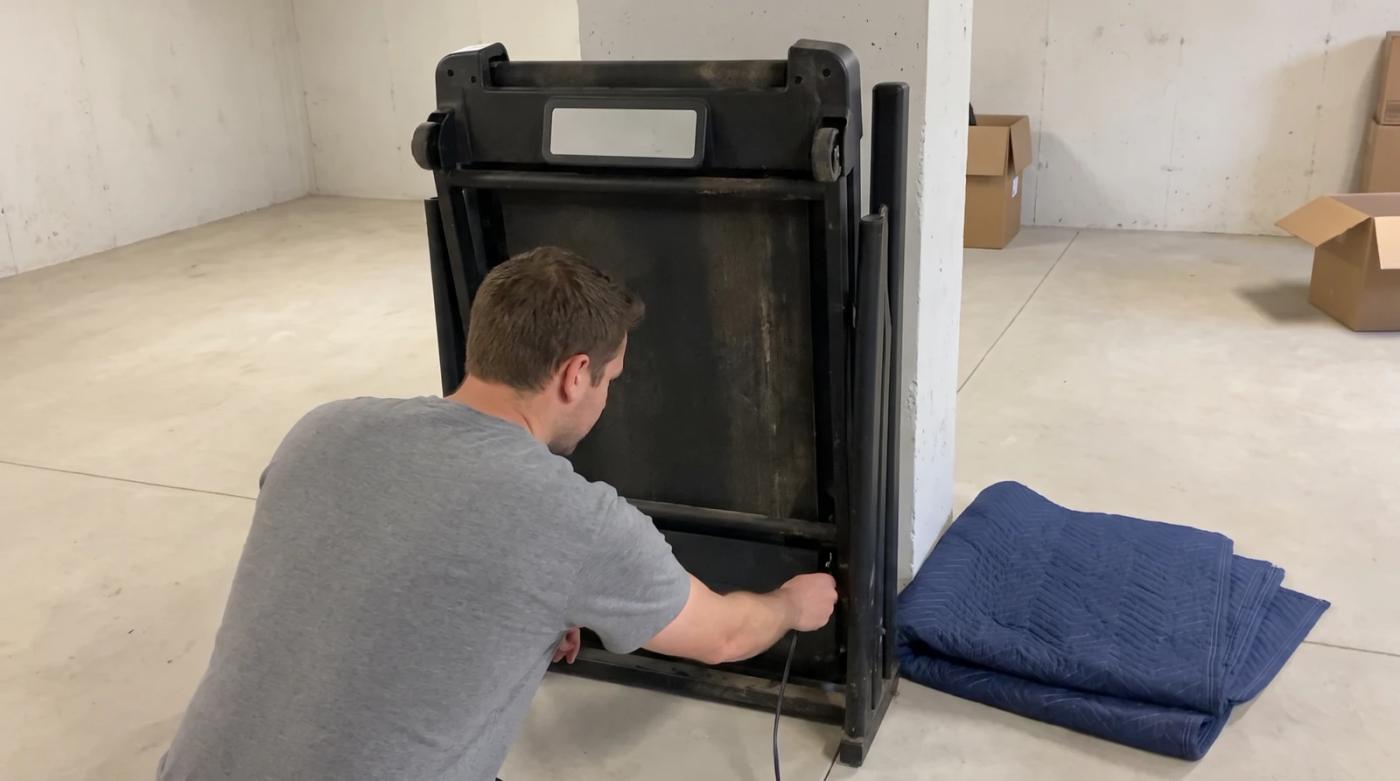 Man unplugging an old folding treadmill before removal in a basement in Boise, Idaho, next to a folded moving blanket