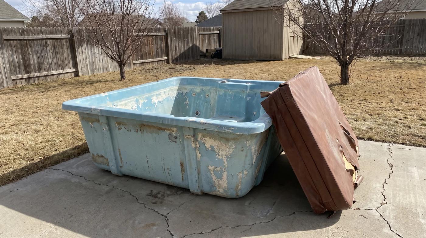 An old drained hot tub with a faded cover on a concrete pad in a Boise, Idaho backyard, ready for removal