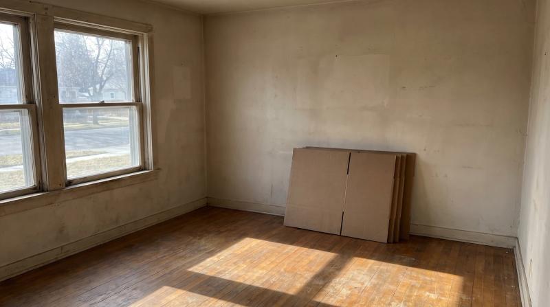 A cleared-out living room mid estate cleanout in a Kuna, Idaho home with bare floors and stacked empty boxes by the wall