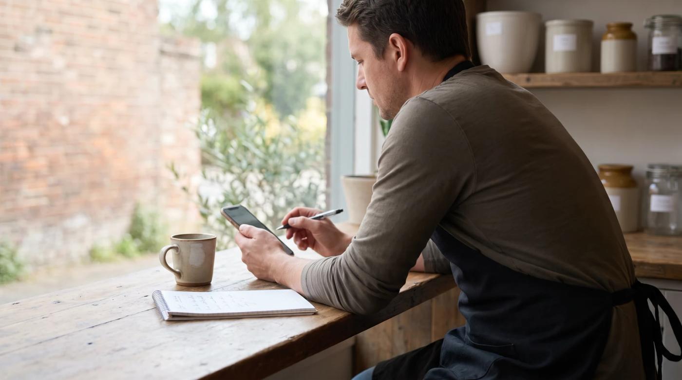 Small business owner reading a customer review on a smartphone at a counter with a coffee mug and notepad