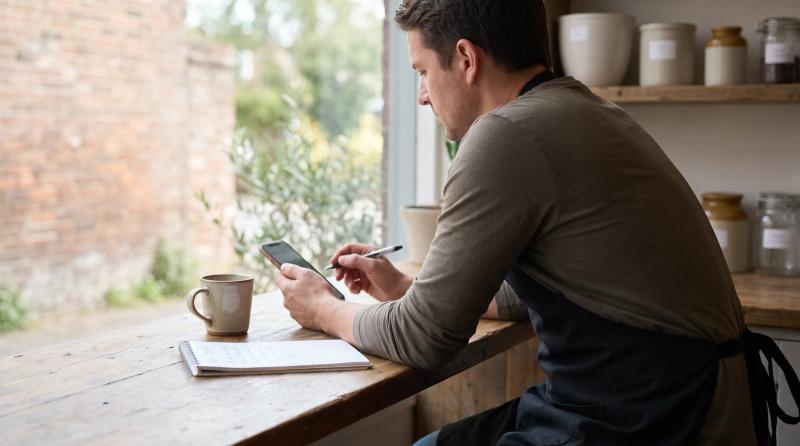 Small business owner reading a customer review on a smartphone at a counter with a coffee mug and notepad