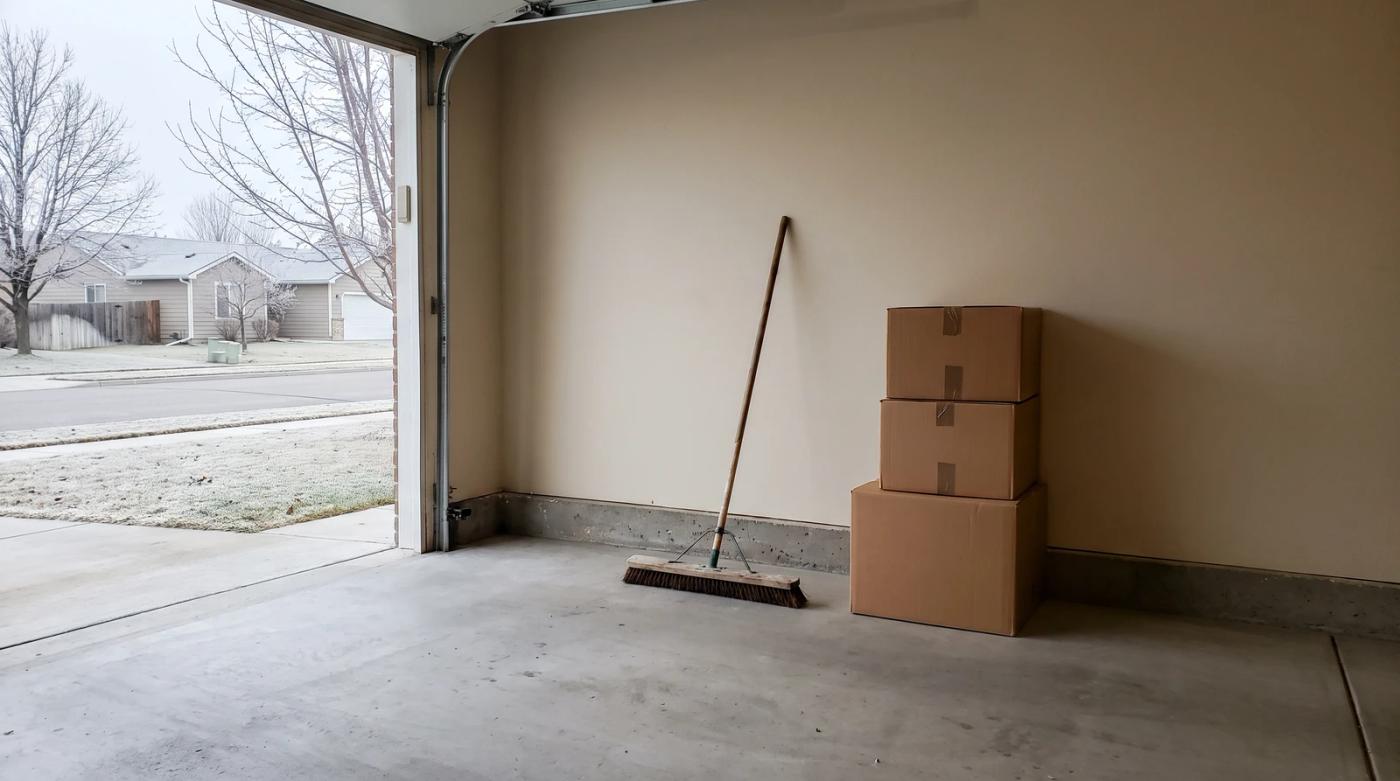 Cleared-out garage floor with a push broom and stacked boxes on a frosty fall morning in Middleton, Idaho