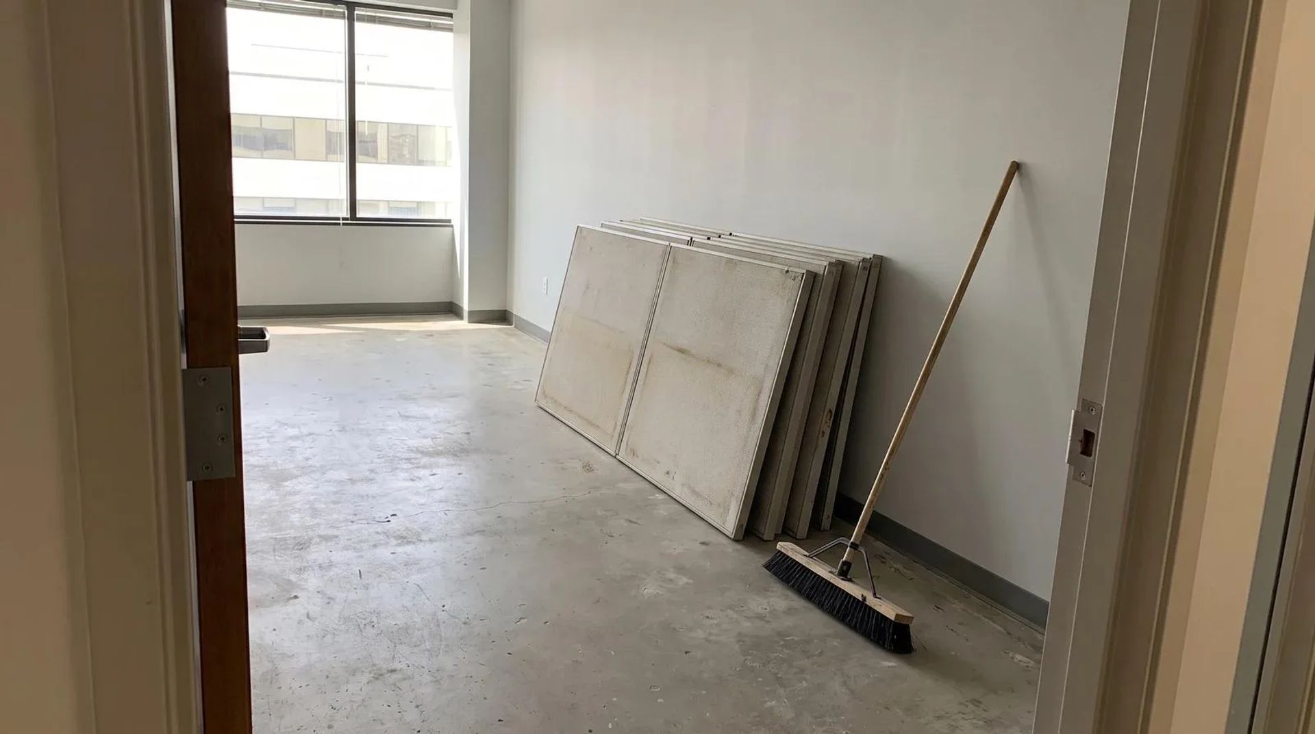 Empty commercial office suite in Boise, Idaho with stacked gray cubicle panels and a push broom against a bare wall