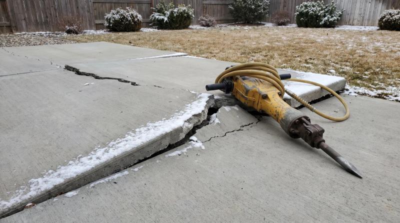 Cracked and heaved backyard concrete patio slab dusted with snow next to a jackhammer, ready for concrete removal in Nampa, Idaho