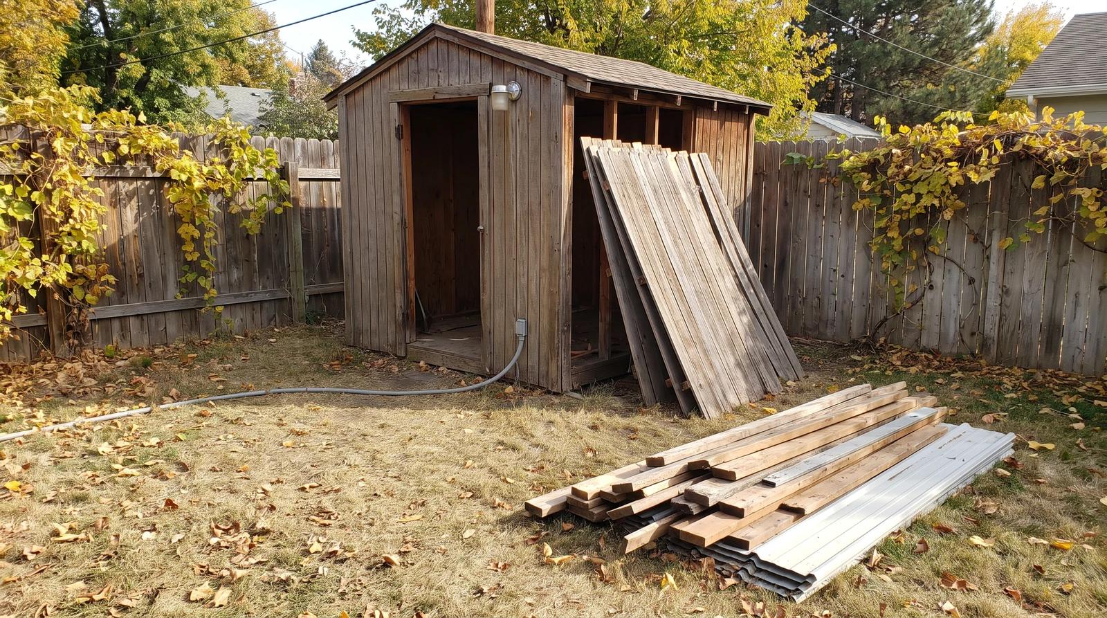 Weathered wooden backyard shed in Boise, Idaho with an outdoor light and gray electrical conduit running to it before demolition