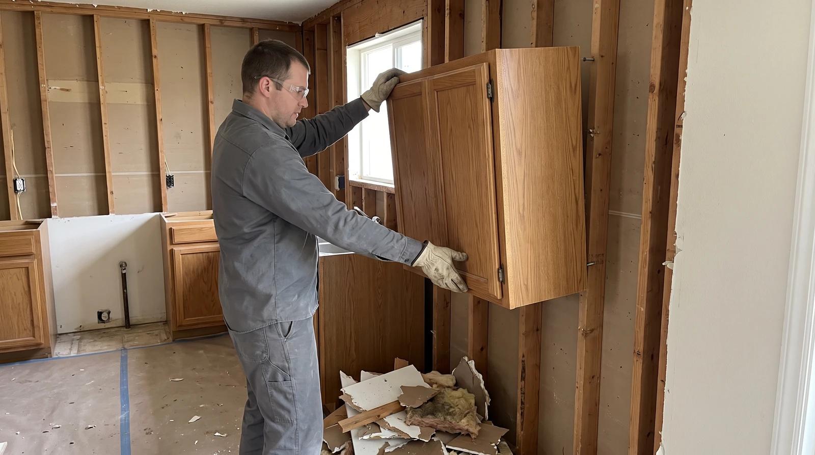 Worker removing old kitchen cabinets during an interior demolition job in a Middleton, Idaho home