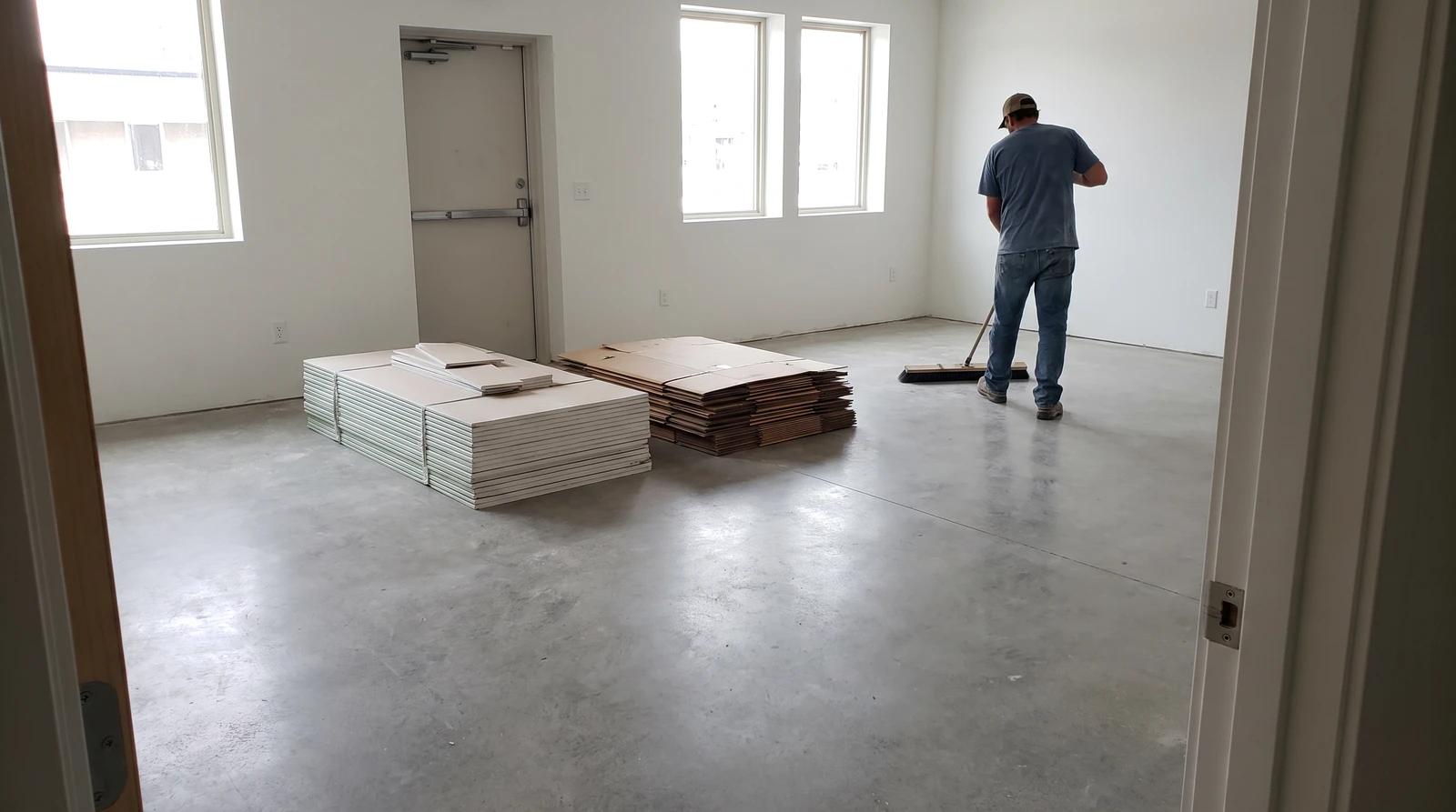 Drywall scraps and flattened cardboard stacked for removal in a newly finished commercial suite in Boise, Idaho
