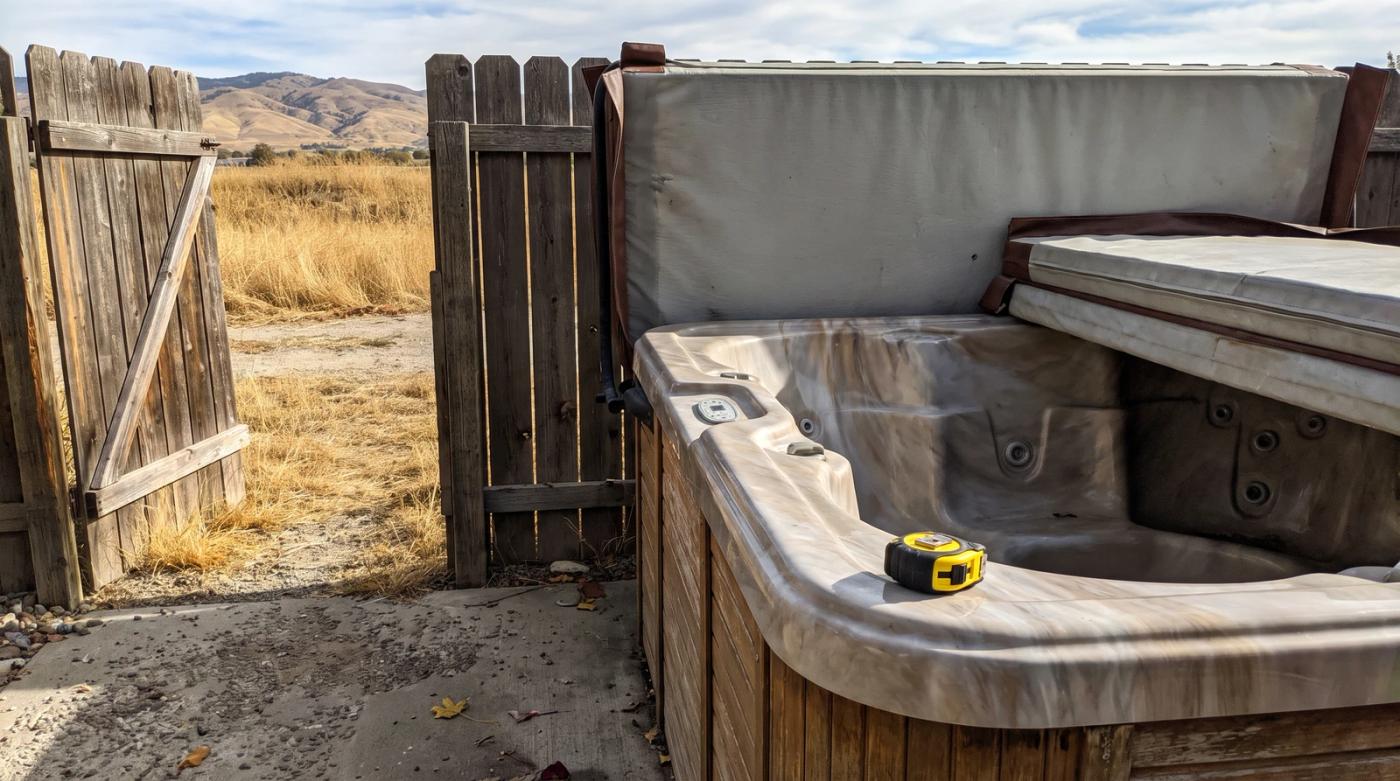 Old empty hot tub next to a narrow wooden side gate in a Nampa, Idaho backyard, ready for removal