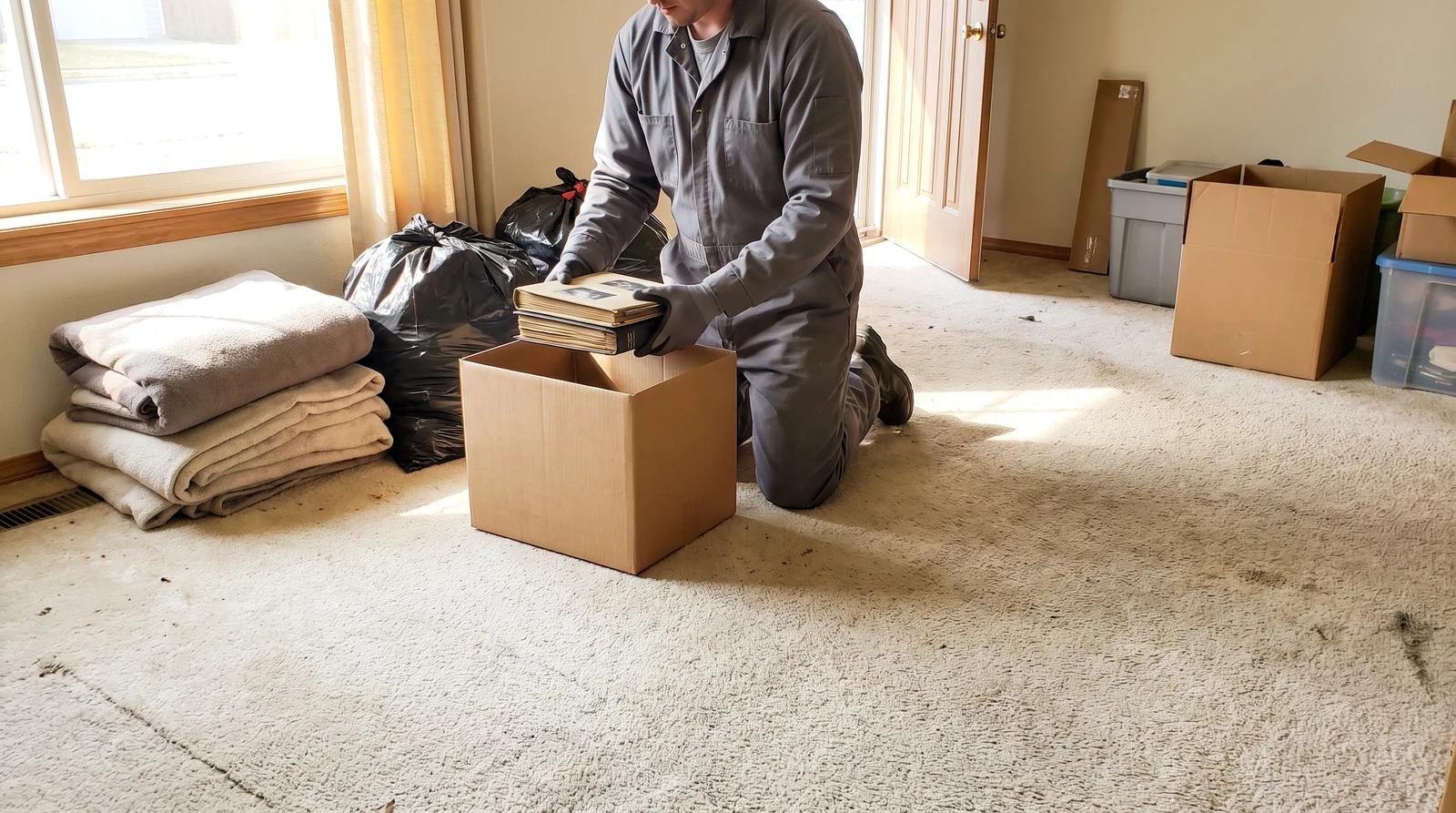 Hoarding cleanup worker setting aside family photo albums while clearing a parent's home in Garden City, Idaho