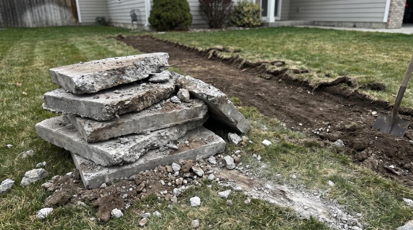 Stacked pieces of broken driveway concrete on a residential lawn beside bare dirt after a concrete removal job in Boise, Idaho.