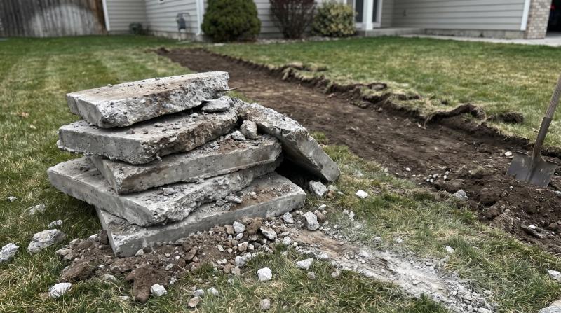 Stacked pieces of broken driveway concrete on a residential lawn beside bare dirt after a concrete removal job in Boise, Idaho.