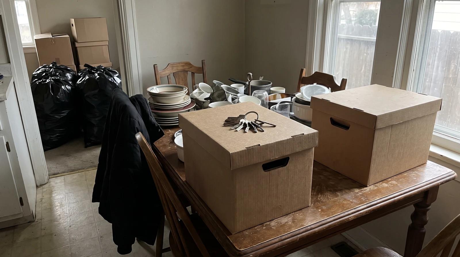 Closed file boxes and a ring of house keys on a kitchen table during an estate hoarding cleanup in Emmett, Idaho