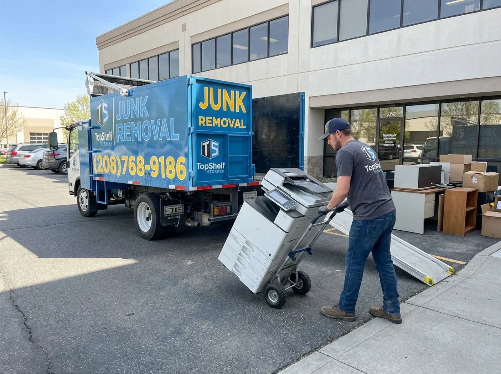Top Shelf crew removing an old printer from a residential property in Middleton Idaho