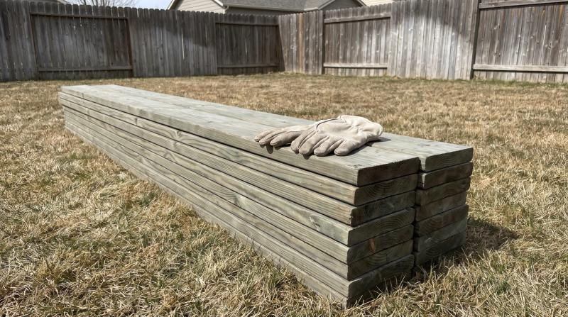Stack of old pressure-treated deck boards with work gloves on top in a backyard after a deck removal in Eagle, Idaho