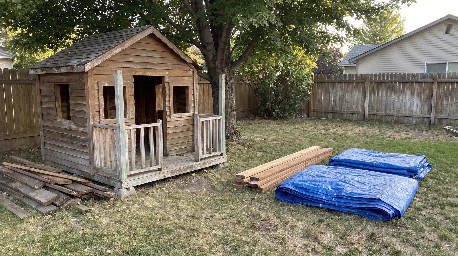 Weathered wooden backyard playhouse ready for removal in a fenced yard in Boise, Idaho