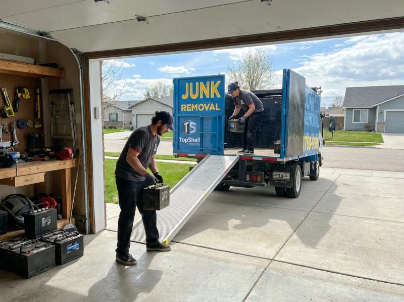 Top Shelf crew member loading old batteries into the junk removal truck in Emmett Idaho