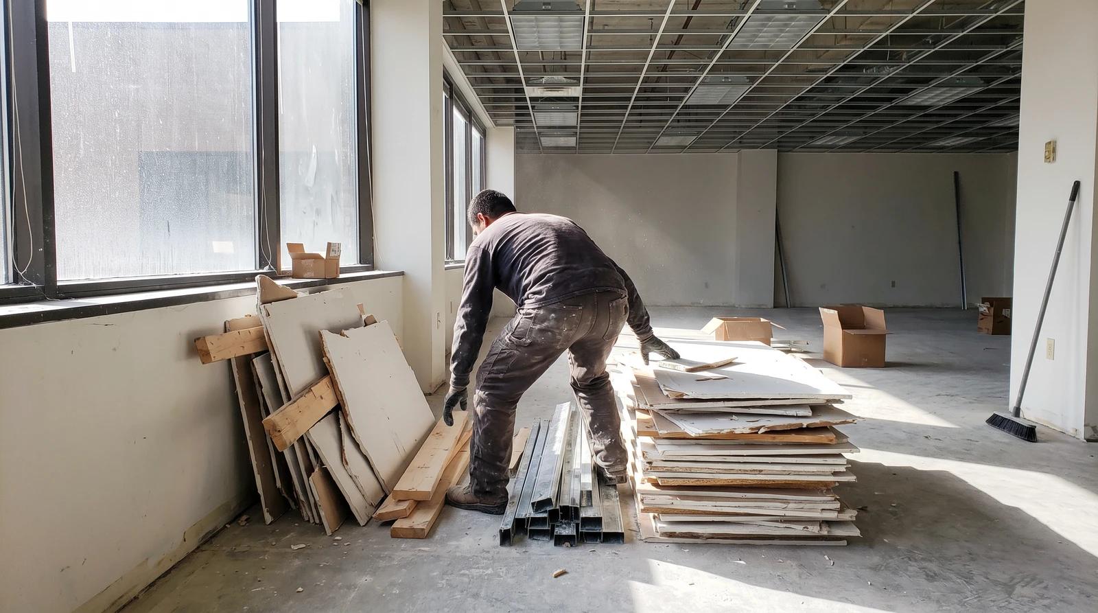 Worker stacking drywall and lumber debris during a commercial office cleanout in Meridian, Idaho