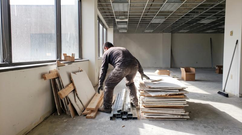 Worker stacking drywall and lumber debris during a commercial office cleanout in Meridian, Idaho