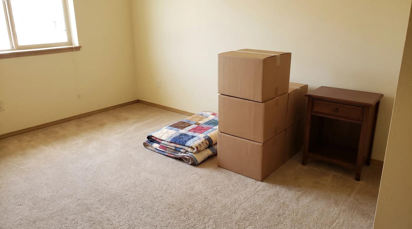 Packed boxes, a folded quilt, and a wooden nightstand in an emptied assisted living apartment during an estate cleanout in Kuna, Idaho