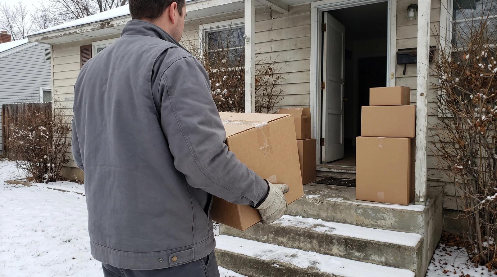 Estate cleanout crew member carrying a box down snowy front steps of a home in Star, Idaho