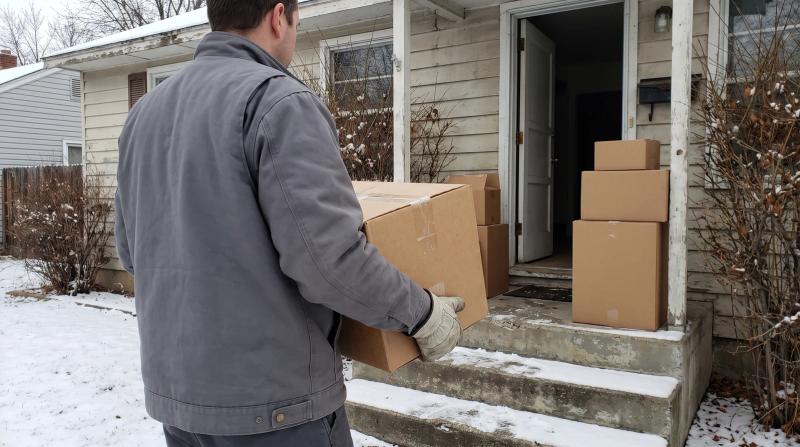 Estate cleanout crew member carrying a box down snowy front steps of a home in Star, Idaho