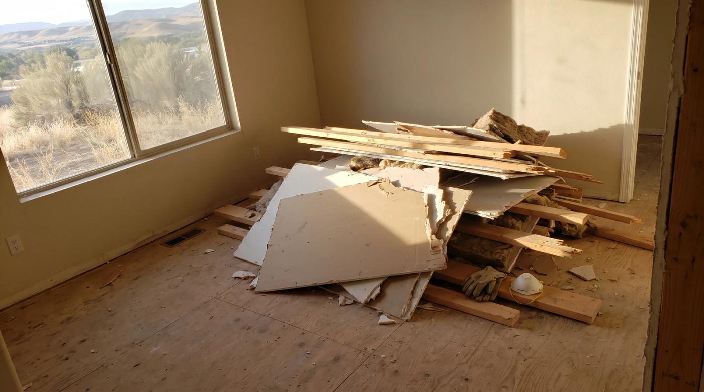Pile of drywall scraps and lumber left on a bare subfloor after a home remodel in Kuna, Idaho, ready for construction cleanup.