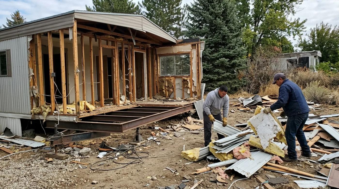 Workers in plain clothes tearing down an old single-wide mobile home on a cleared lot in Eagle, Idaho, with the steel frame exposed and debris sorted into piles.