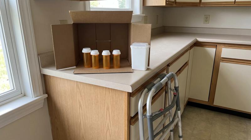 Box of unlabeled pill bottles and a sharps container set aside during a home cleanout in Caldwell, Idaho, with a folded walker nearby