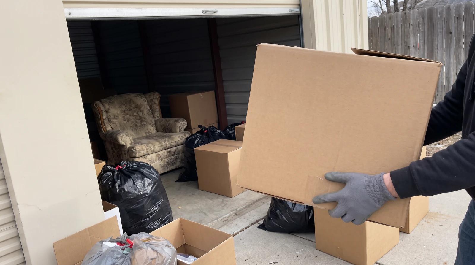 Worker carrying a box out of a packed storage unit during a hoarding cleanup in Star, Idaho