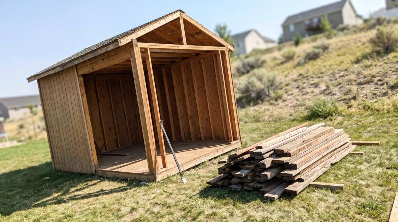 A half-dismantled backyard shed with one wall removed and a stack of pulled boards beside it during a light demolition job in Meridian, Idaho